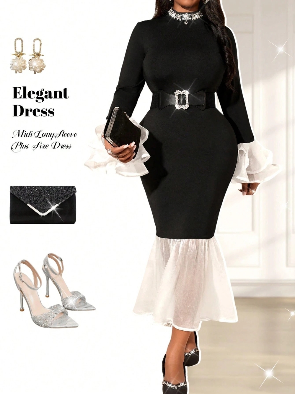 Elegant Black and White Midi Dress with Ruffle Hem
